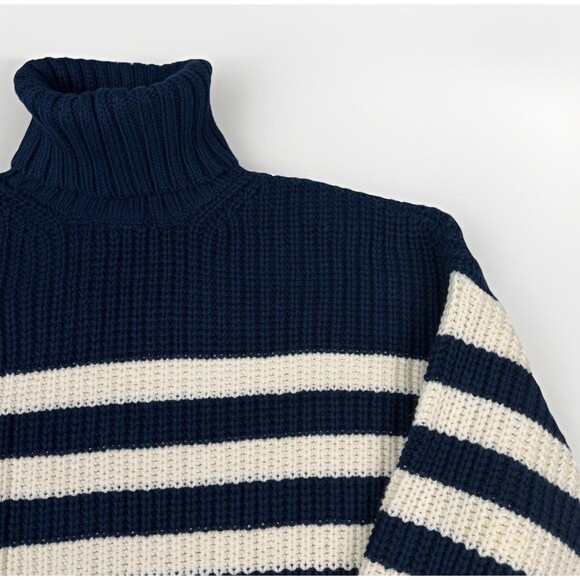 Madewell Chunky Knit Turtleneck Sweater Womans Medium Navy Ivory Nautical Stripe - Picture 2 of 8